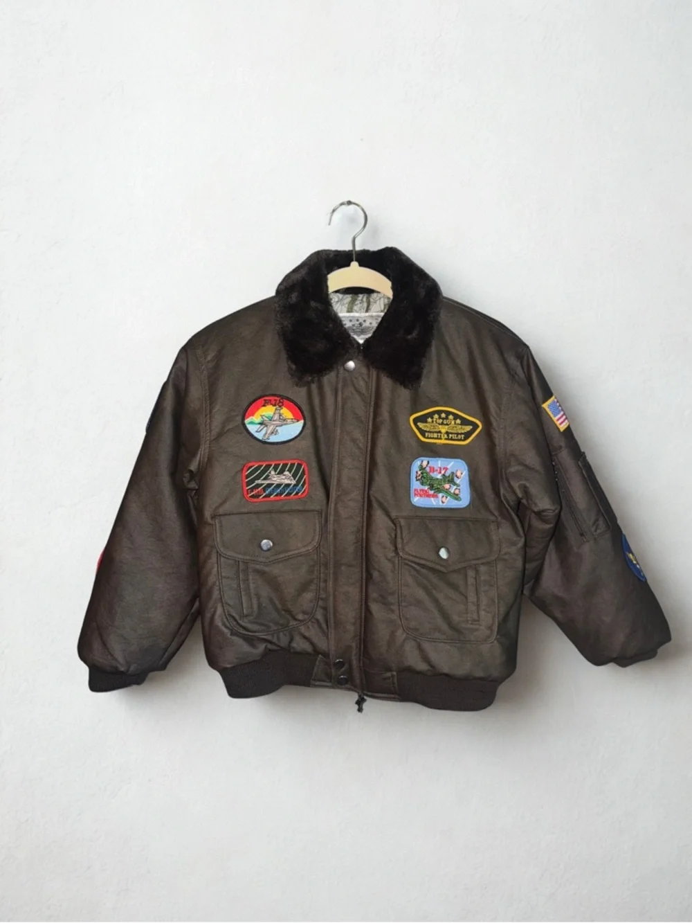 Boys Brown Bomber Jacket with Patch Details